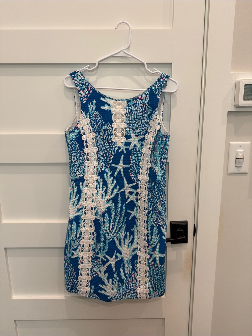Lilly Pulitzer Blue Coral-Print Sleeveless Shift Dress with White Lace Trim